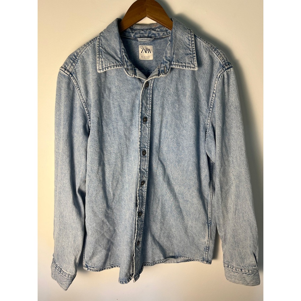 Zara Denim Shirt Mens LG Light Blue Cotton Button Down Preppy Collegiate